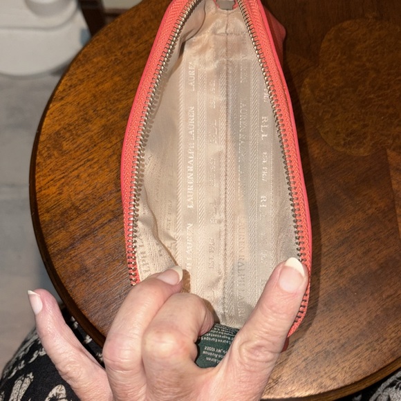 Ralph Lauren   Cosmetic case  Make up bag  triangular  leather coral orange NWOT - Picture 13 of 13